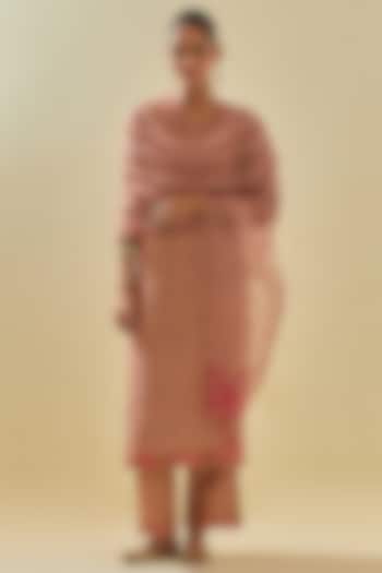 Pink Tissue Chanderi Floral Embroidered Paneled Kurta Set by Kora at Pernia's Pop Up Shop