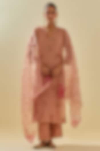 Pink Tissue Chanderi Straight Kurta Set by Kora at Pernia's Pop Up Shop