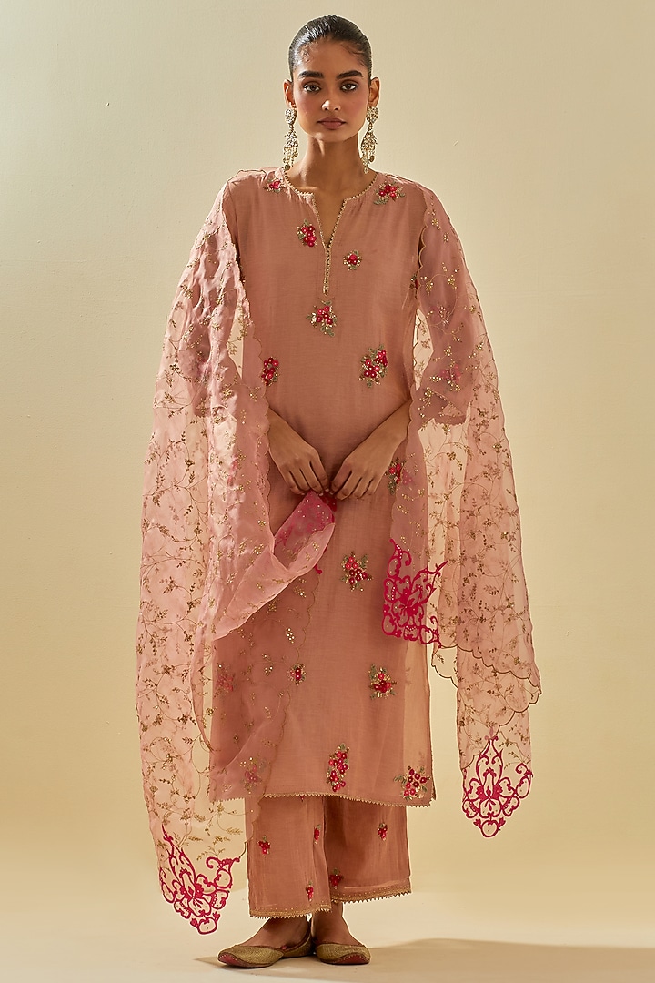 Pink Tissue Chanderi Straight Kurta Set by Kora at Pernia's Pop Up Shop