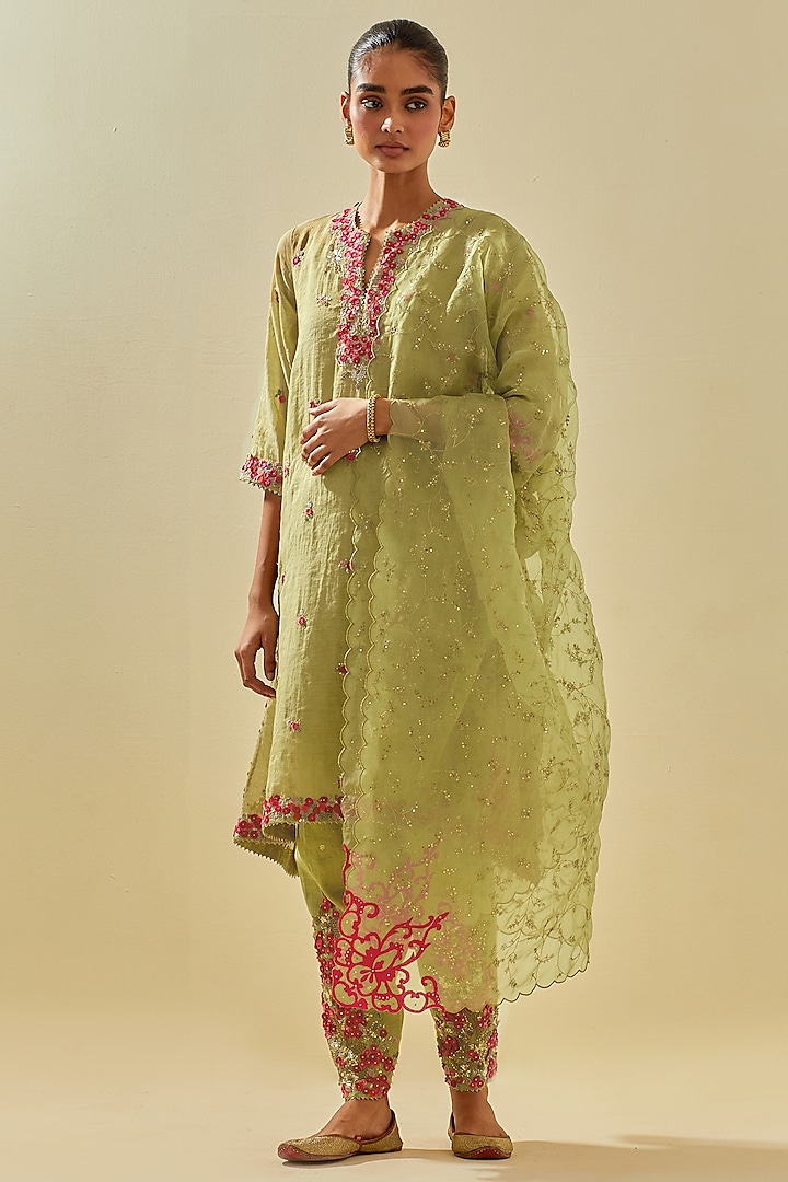 Green Tissue Chanderi Floral Embroidered Kalidar Kurta Set by Kora at Pernia's Pop Up Shop