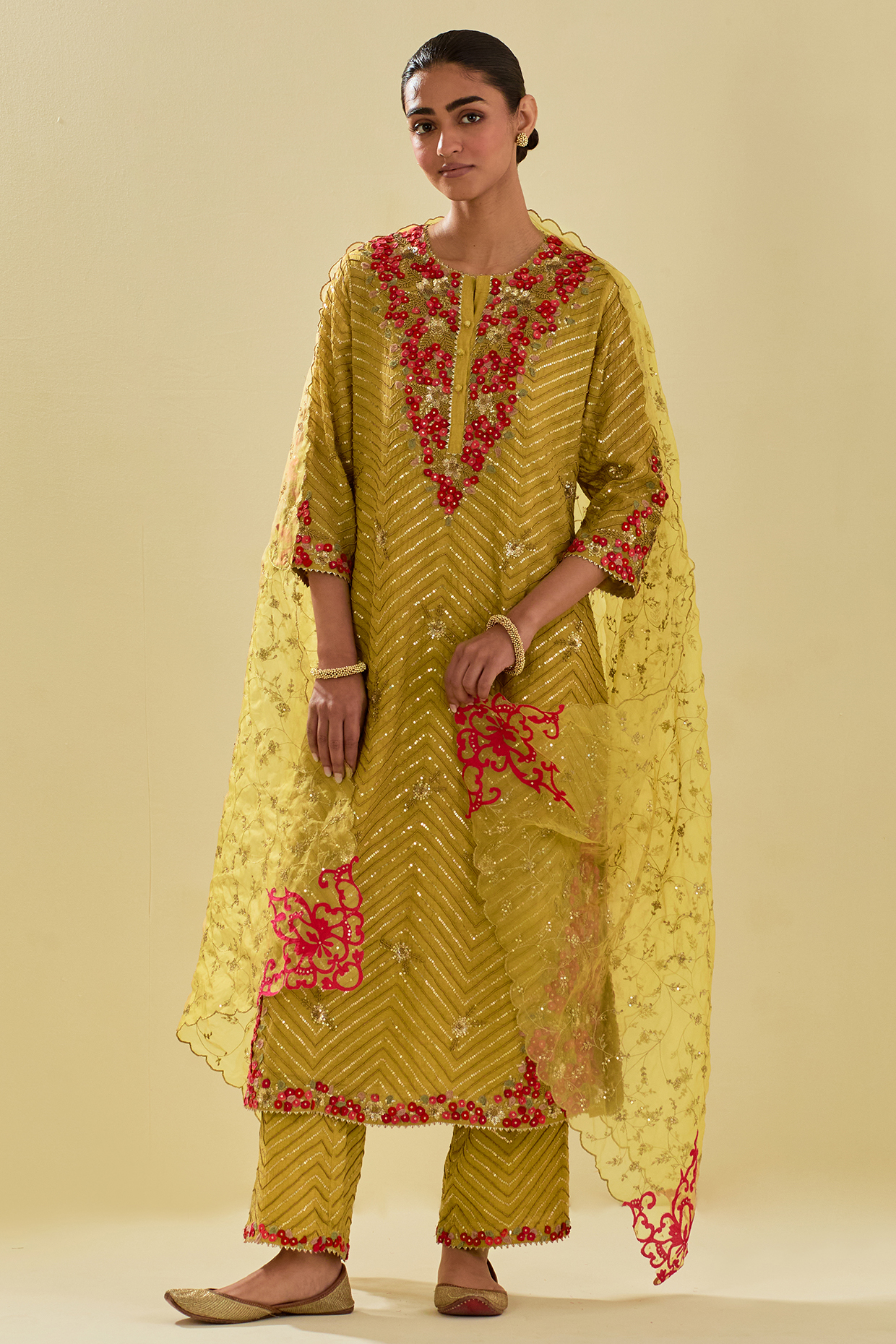 Yellow Tissue Chanderi Embroidered Straight Kurta Set by Kora at Pernia's Pop Up Shop