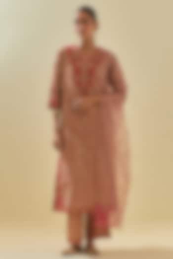 Pink Tissue Chanderi Embroidered Straight Kurta Set by Kora at Pernia's Pop Up Shop
