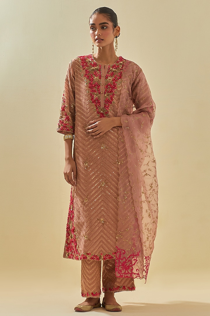 Pink Tissue Chanderi Embroidered Straight Kurta Set by Kora at Pernia's Pop Up Shop