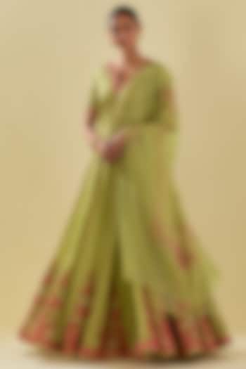 Green Tissue Chanderi Floral Embroidered Bridal Lehenga Set by Kora at Pernia's Pop Up Shop