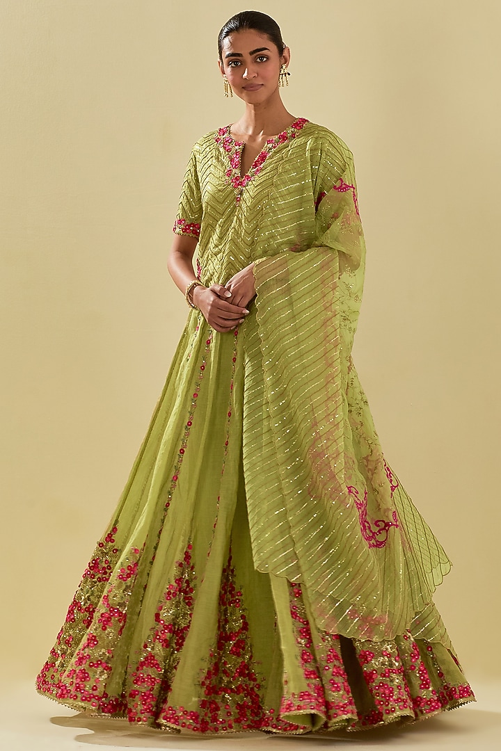 Green Tissue Chanderi Floral Embroidered Bridal Lehenga Set by Kora at Pernia's Pop Up Shop