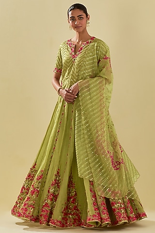 Green Tissue Chanderi Floral Embroidered Lehenga Set by Kora