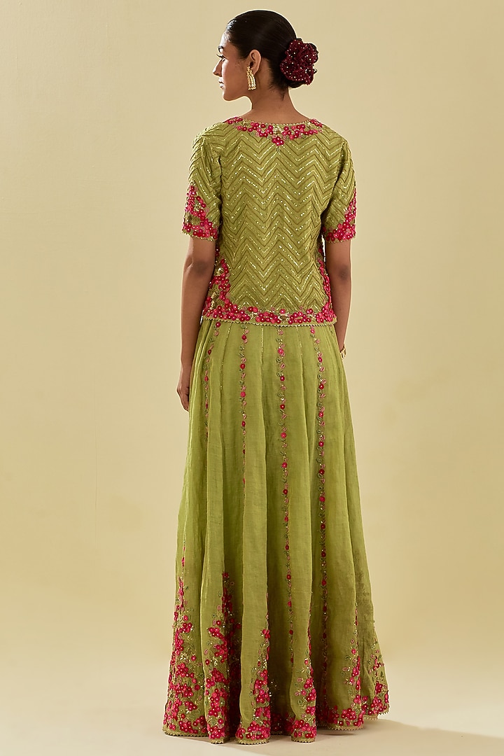 Green Tissue Chanderi Floral Embroidered Bridal Lehenga Set by Kora at Pernia's Pop Up Shop