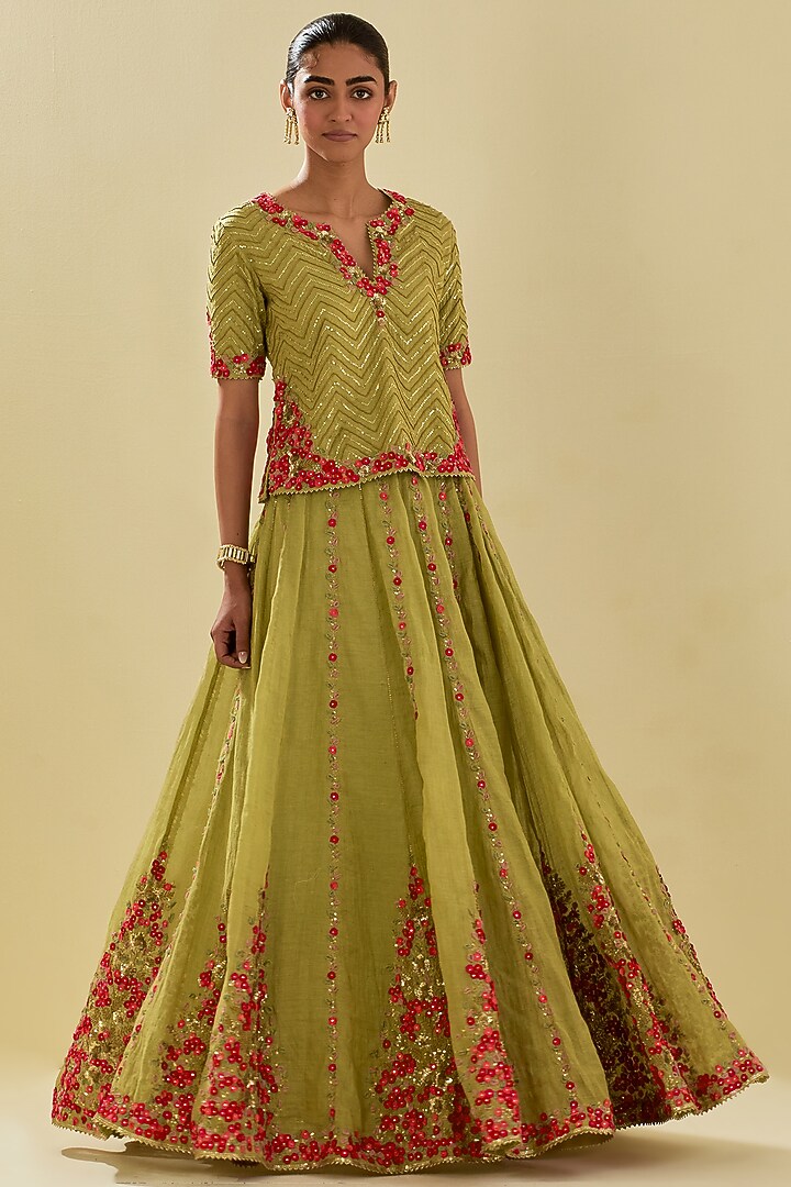 Green Tissue Chanderi Floral Embroidered Bridal Lehenga Set by Kora at Pernia's Pop Up Shop