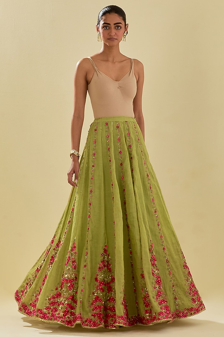 Green Tissue Chanderi Floral Embroidered Bridal Lehenga Set by Kora at Pernia's Pop Up Shop