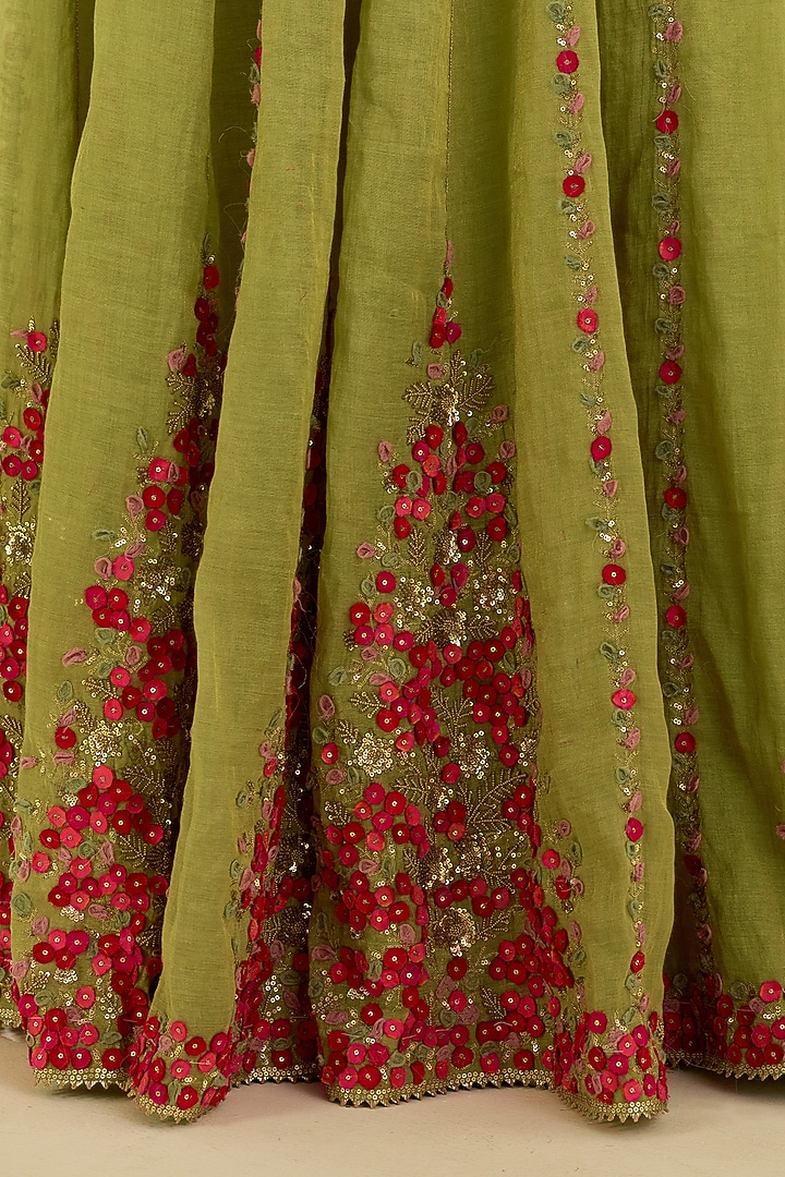 Green Tissue Chanderi Floral Embroidered Bridal Lehenga Set by Kora at Pernia's Pop Up Shop