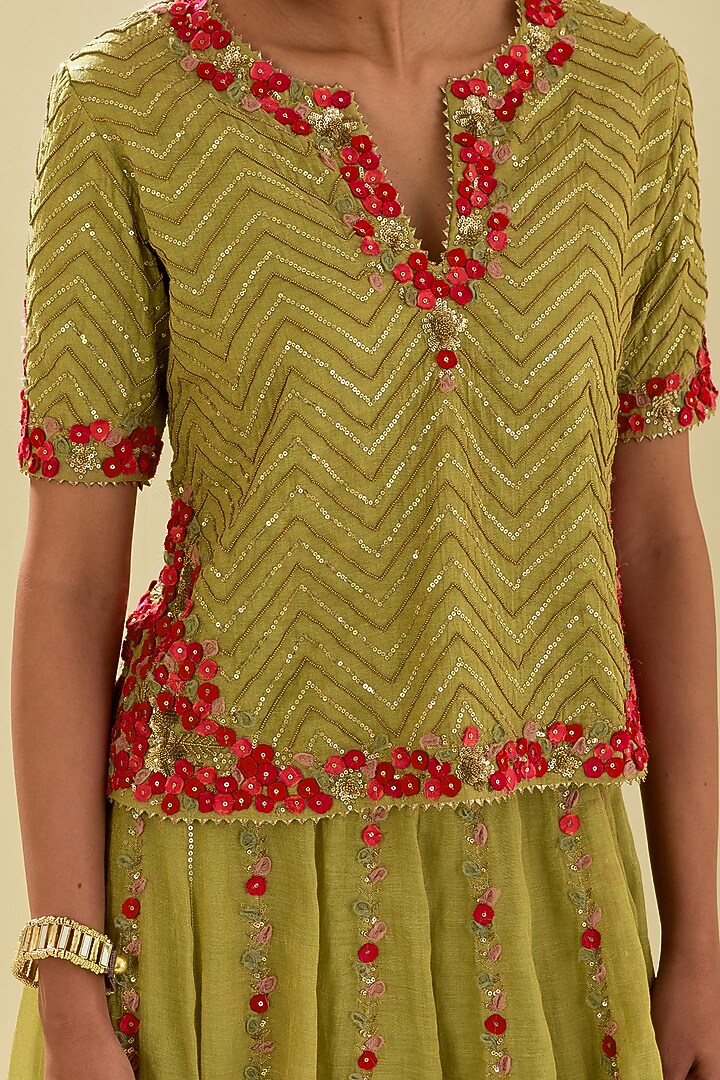 Green Tissue Chanderi Floral Embroidered Bridal Lehenga Set by Kora at Pernia's Pop Up Shop