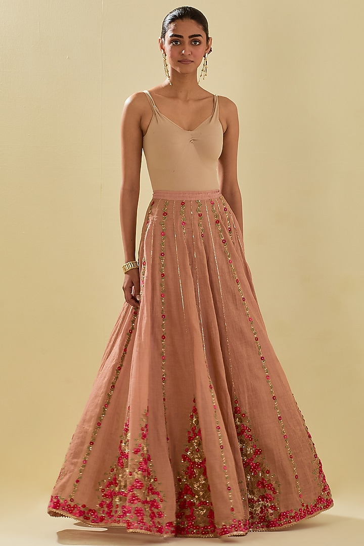 Pink Tissue Chanderi Floral Embroidered Bridal Lehenga Set by Kora at Pernia's Pop Up Shop