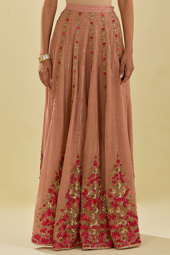 Pink Tissue Chanderi Floral Embroidered Bridal Lehenga Set by Kora at Pernia's Pop Up Shop