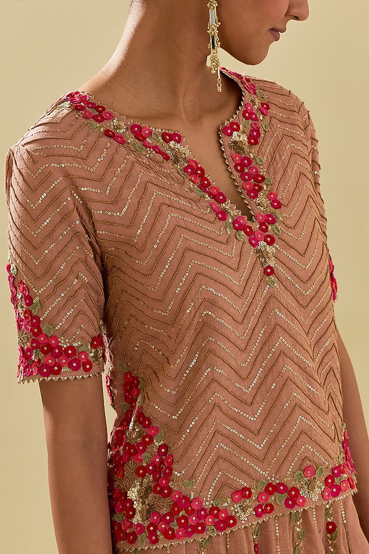 Pink Tissue Chanderi Floral Embroidered Bridal Lehenga Set by Kora at Pernia's Pop Up Shop