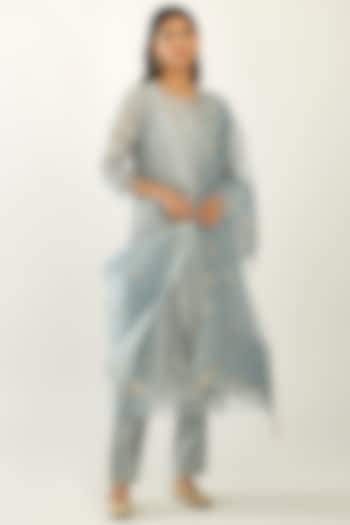 Powder Blue Silk Chanderi Kurta Set by Kora at Pernia's Pop Up Shop