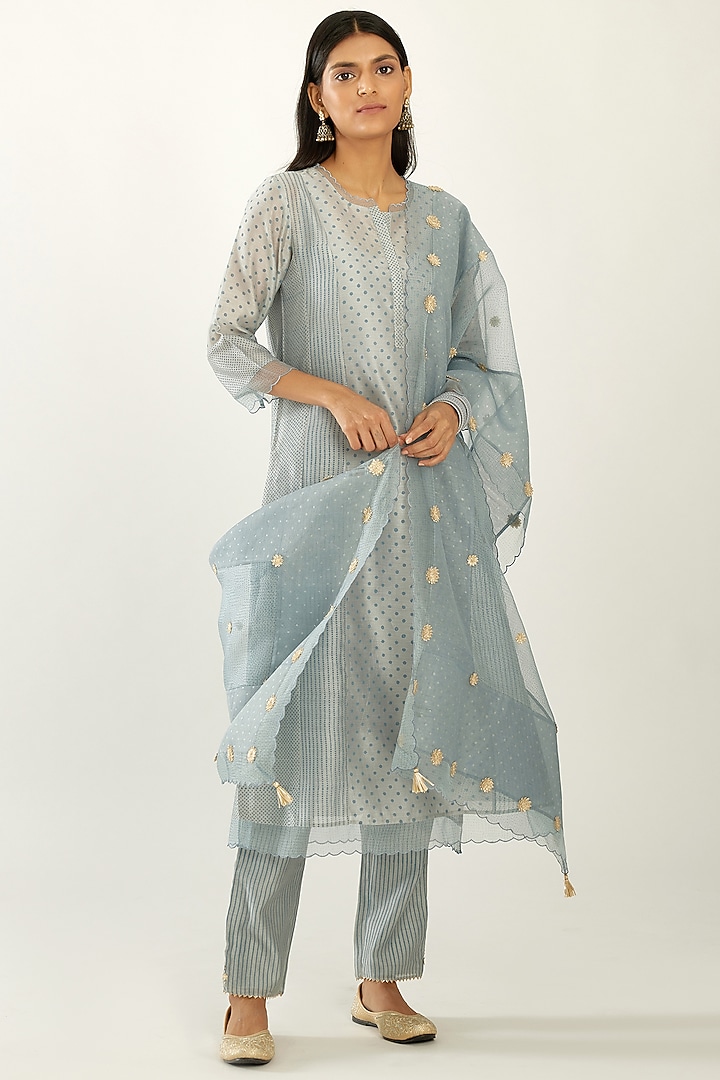 Powder Blue Silk Chanderi Kurta Set by Kora at Pernia's Pop Up Shop