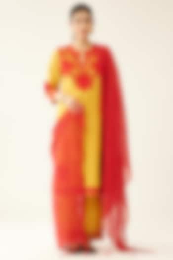 Golden Yellow Silk Chanderi Embroidered Kurta Set by Kora at Pernia's Pop Up Shop