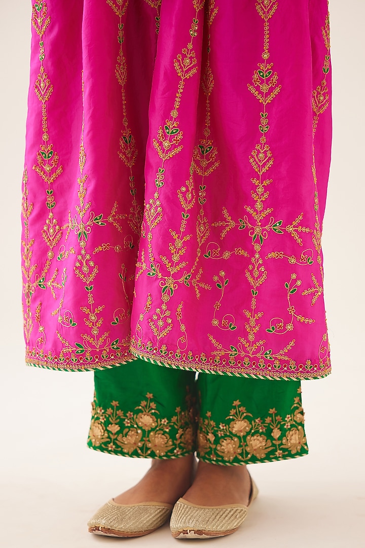 Fuchsia Pink Silk Thread Embroidered Kurta Set by Kora at Pernia's Pop Up Shop