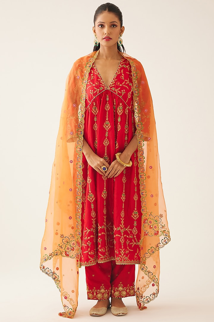 Red Silk Thread Embroidered Kurta Set by Kora at Pernia's Pop Up Shop