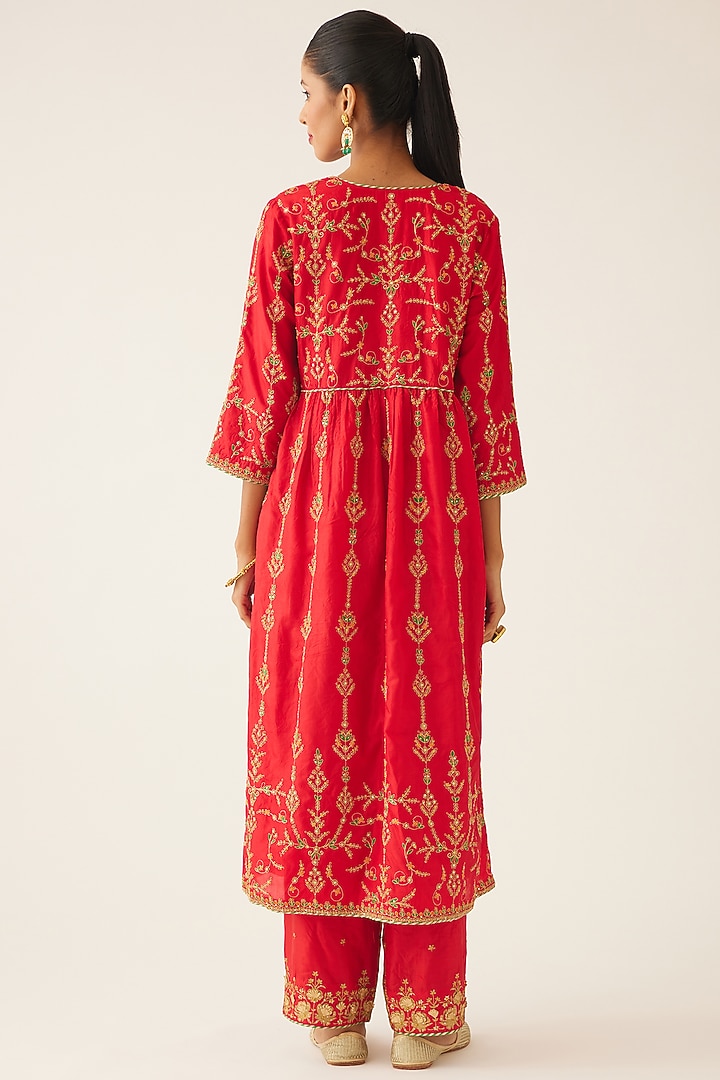 Red Silk Thread Embroidered Kurta Set by Kora at Pernia's Pop Up Shop