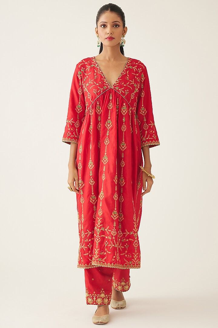 Red Silk Thread Embroidered Kurta Set by Kora at Pernia's Pop Up Shop