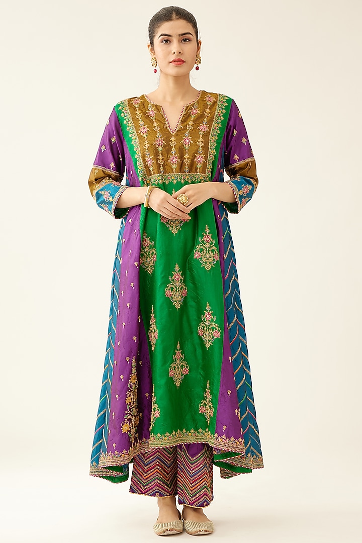Multi-Colored Silk Thread Embroidered Kurta Set by Kora at Pernia's Pop Up Shop