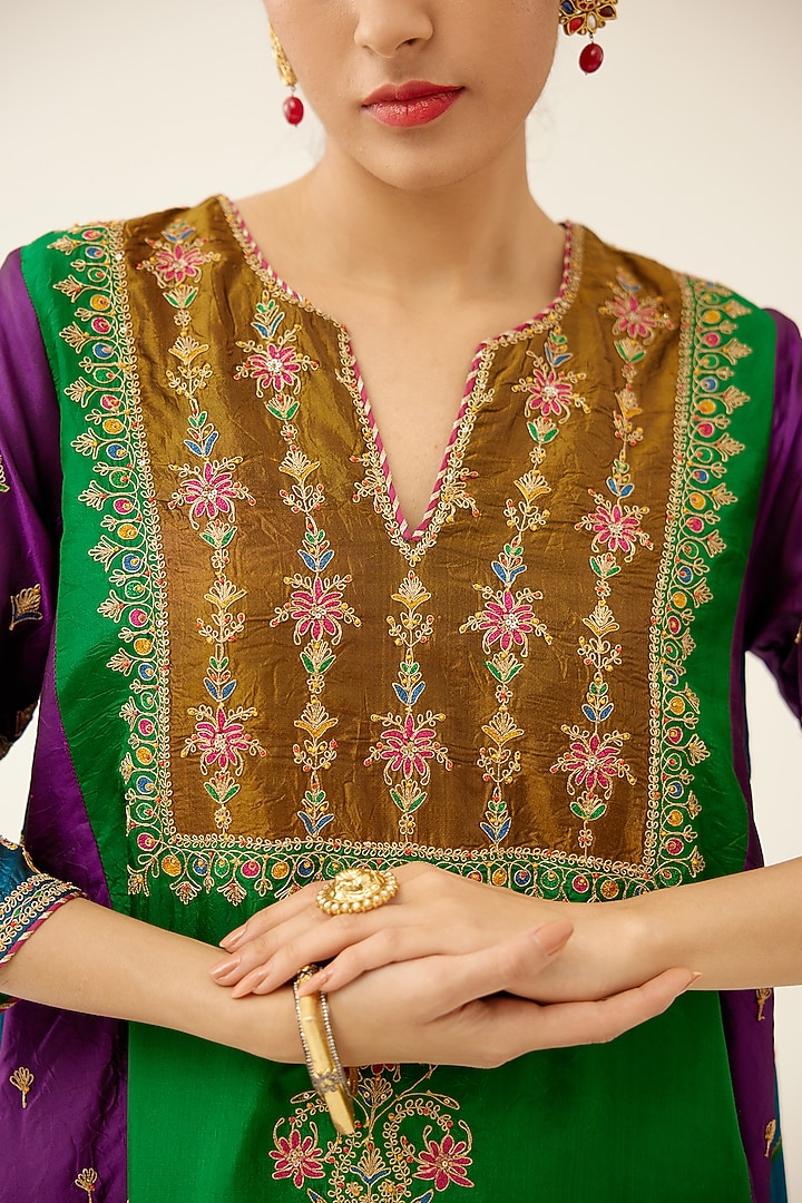 Multi-Colored Silk Thread Embroidered Kurta Set by Kora at Pernia's Pop Up Shop