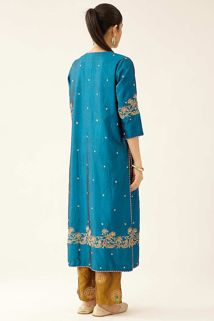 Dark Teal Silk Thread Embroidered Kurta Set by Kora at Pernia's Pop Up Shop