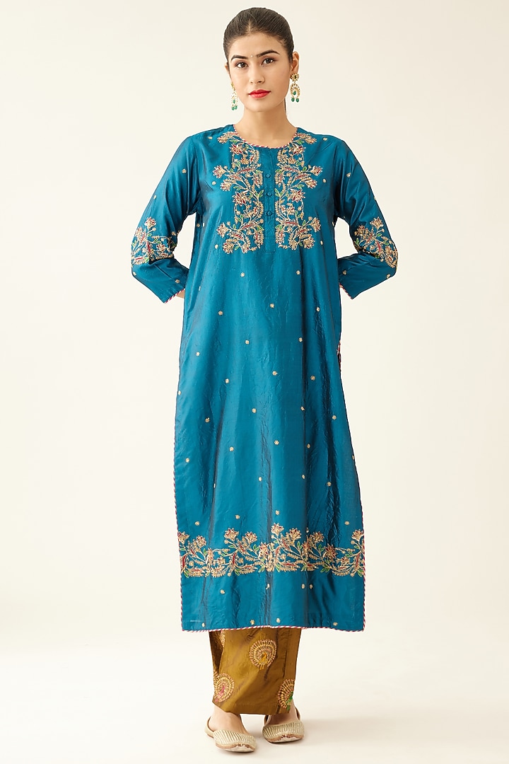 Dark Teal Silk Thread Embroidered Kurta Set by Kora at Pernia's Pop Up Shop