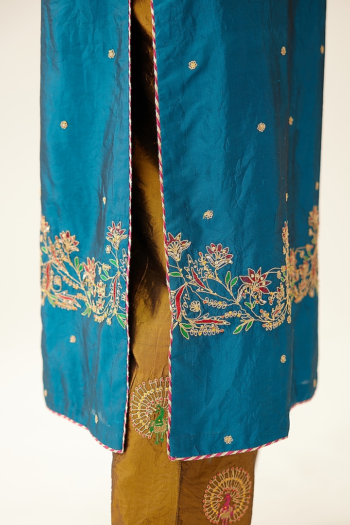 Dark Teal Silk Thread Embroidered Kurta Set by Kora at Pernia's Pop Up Shop