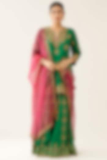 Green Silk Thread Embroidered Sharara Set by Kora at Pernia's Pop Up Shop