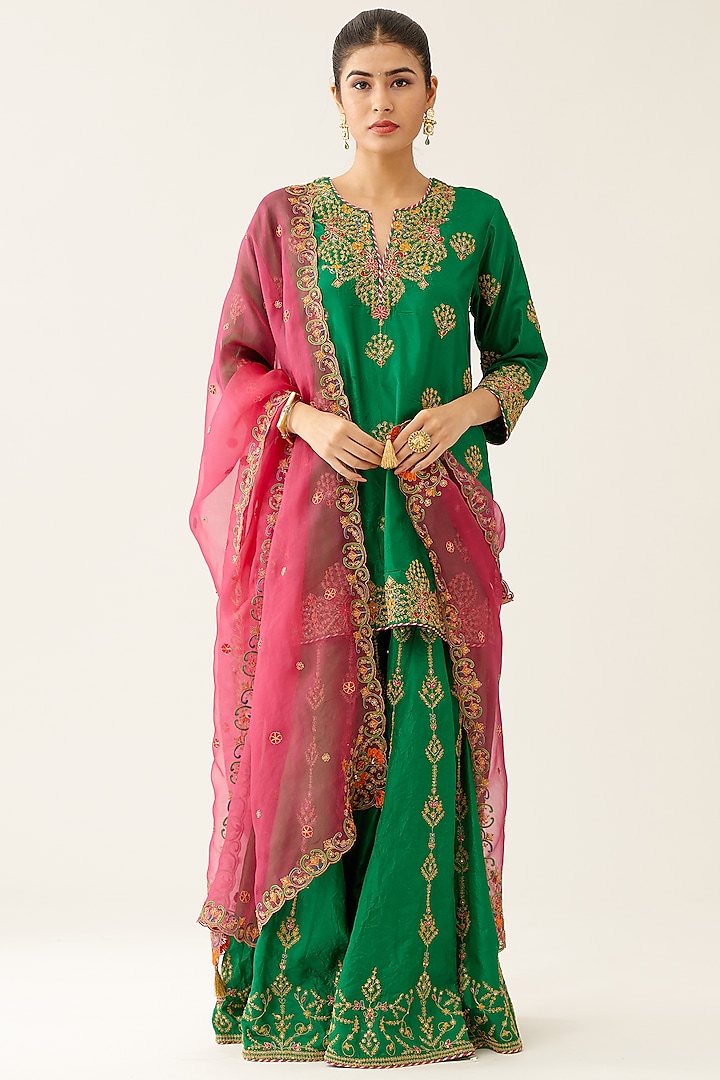 Green Silk Thread Embroidered Sharara Set by Kora at Pernia's Pop Up Shop