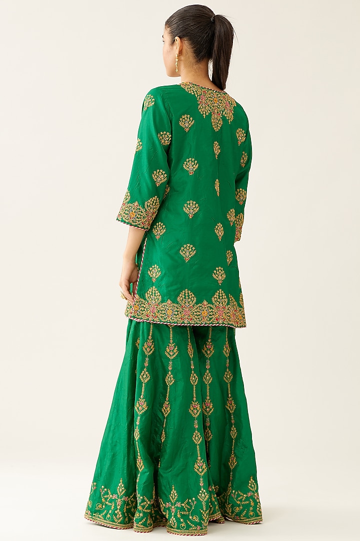 Green Silk Thread Embroidered Wedding Sharara Set by Kora at Pernia's Pop Up Shop