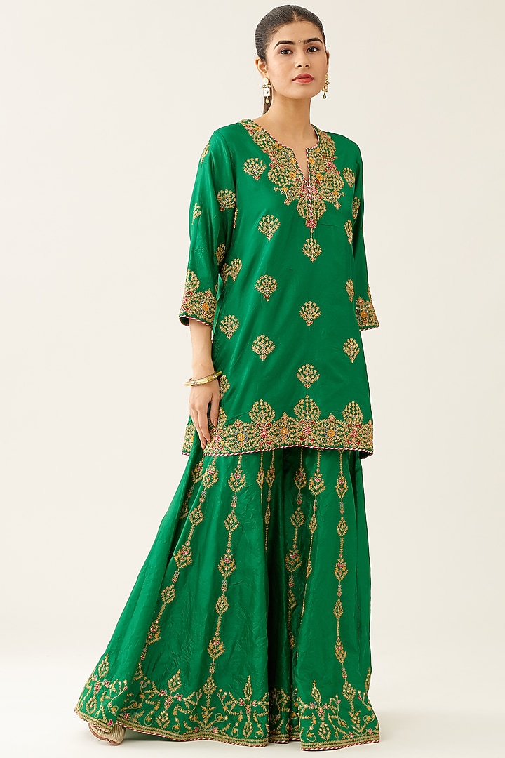 Green Silk Thread Embroidered Wedding Sharara Set by Kora at Pernia's Pop Up Shop