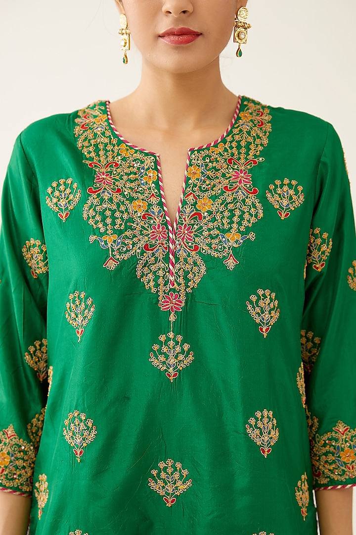 Green Silk Thread Embroidered Wedding Sharara Set by Kora at Pernia's Pop Up Shop