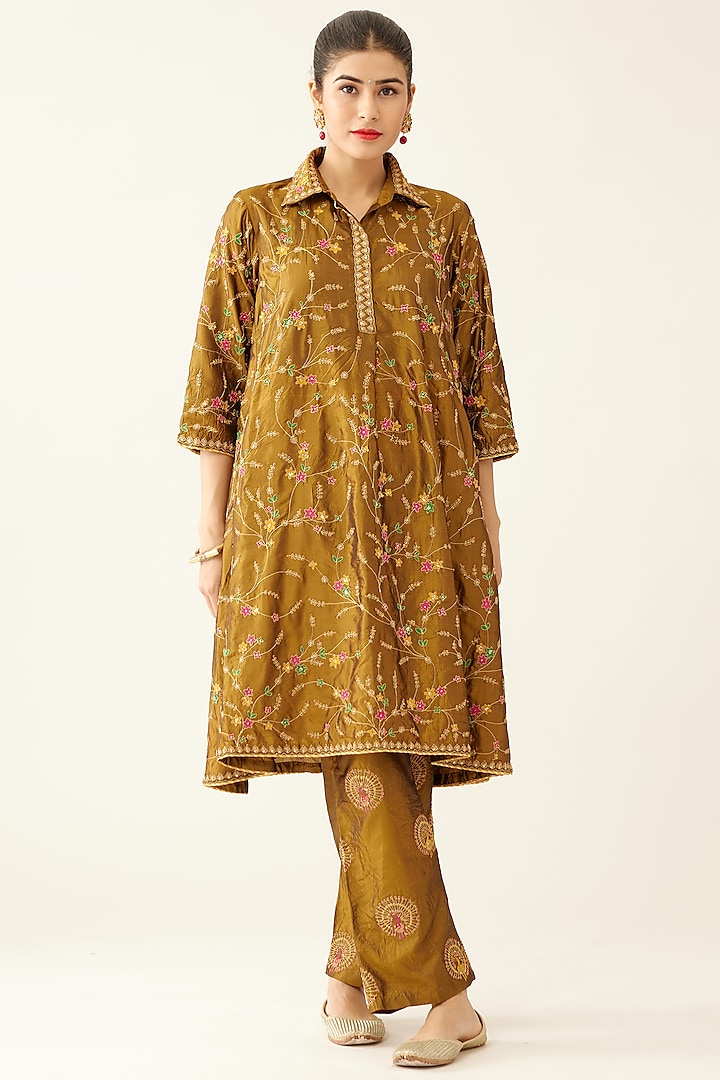 Golden Olive Silk Bead Embroidered Kurta Set by Kora at Pernia's Pop Up Shop