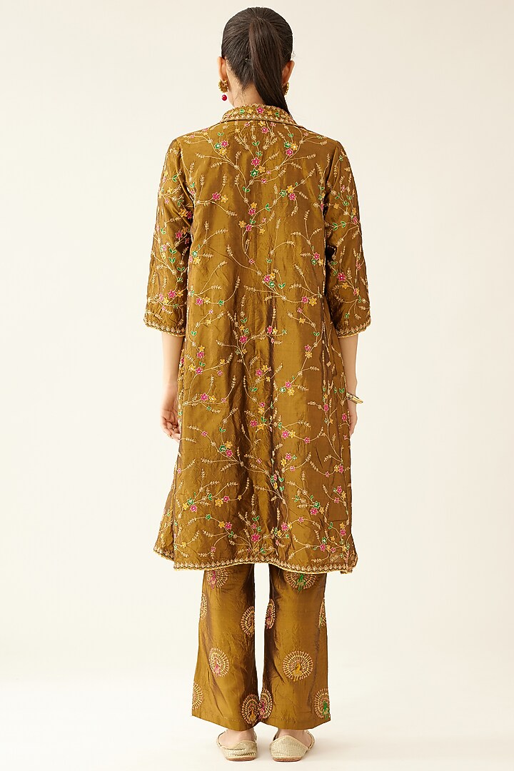 Golden Olive Silk Bead Embroidered Kurta Set by Kora at Pernia's Pop Up Shop
