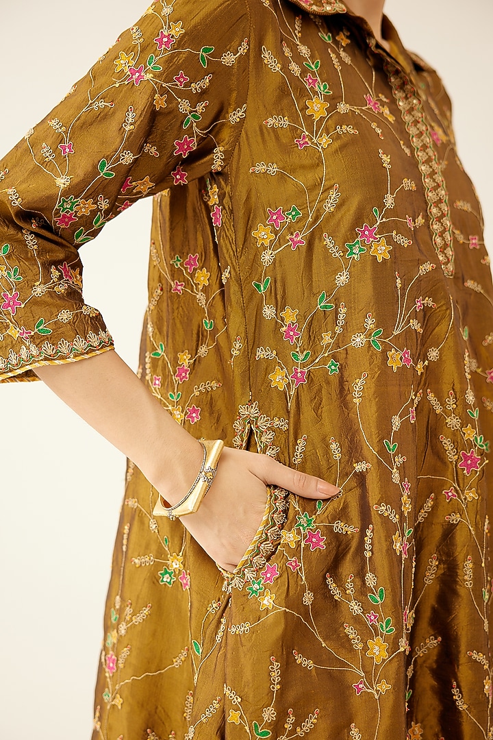 Golden Olive Silk Bead Embroidered Kurta Set by Kora at Pernia's Pop Up Shop