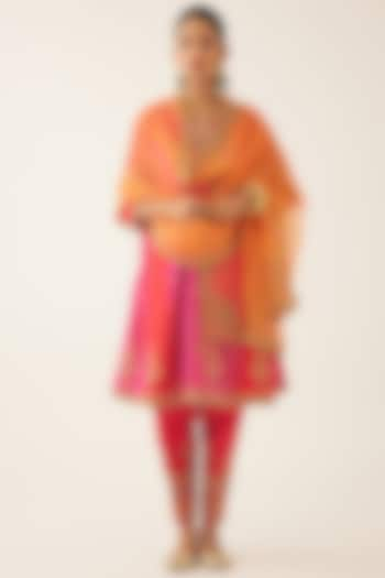 Red & Fuchsia Silk Thread Embroidered Kurta Set by Kora at Pernia's Pop Up Shop