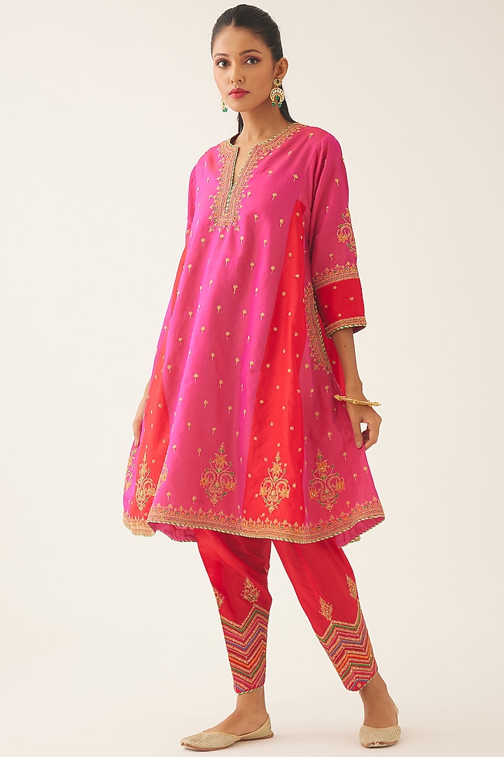 Red & Fuchsia Silk Thread Embroidered Kurta Set by Kora at Pernia's Pop Up Shop