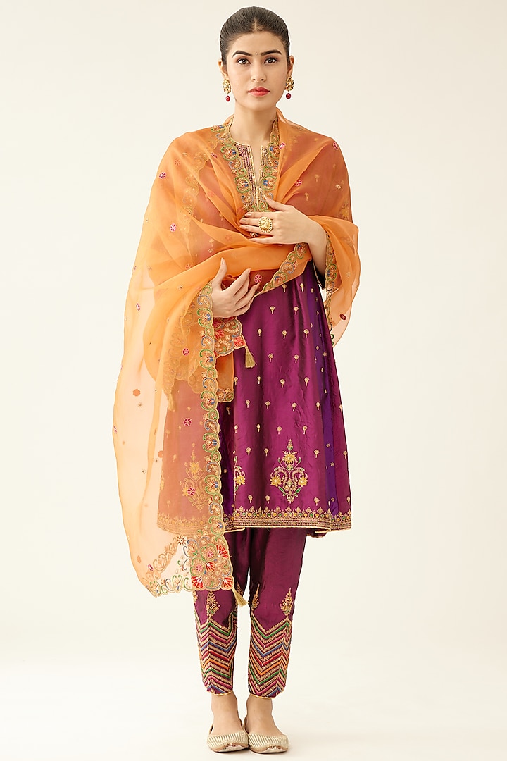 Sangria & Purple Silk Thread Embroidered Kurta Set by Kora at Pernia's Pop Up Shop