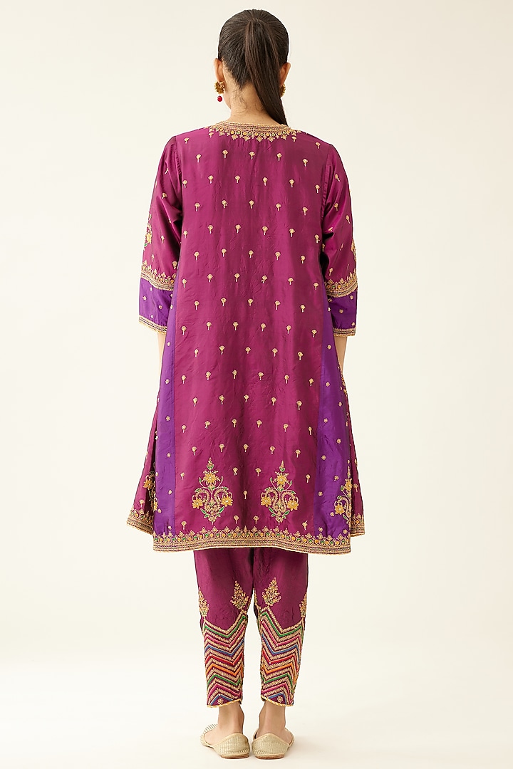 Sangria & Purple Silk Thread Embroidered Kurta Set by Kora at Pernia's Pop Up Shop
