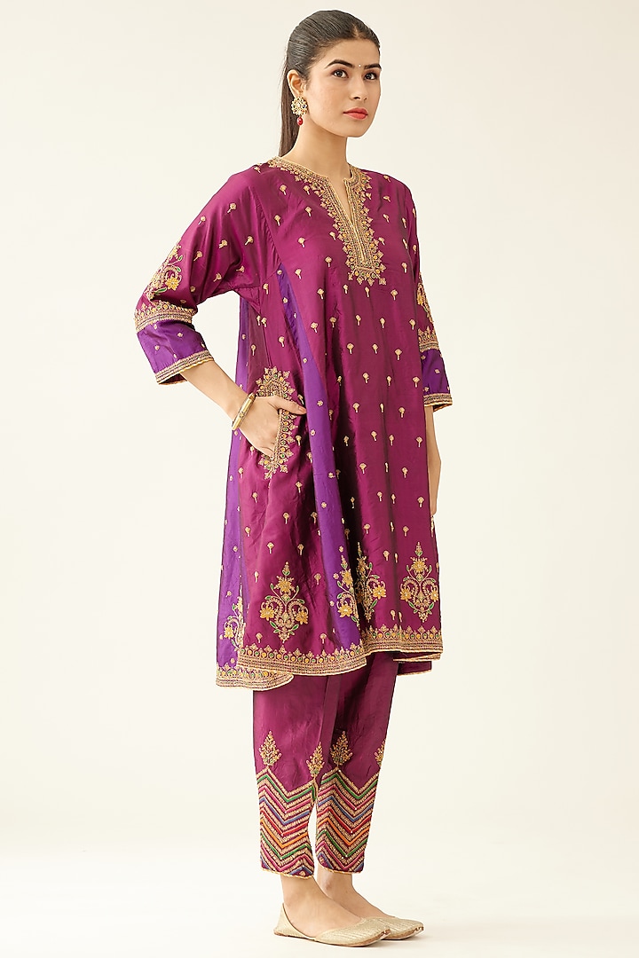 Sangria & Purple Silk Thread Embroidered Kurta Set by Kora at Pernia's Pop Up Shop