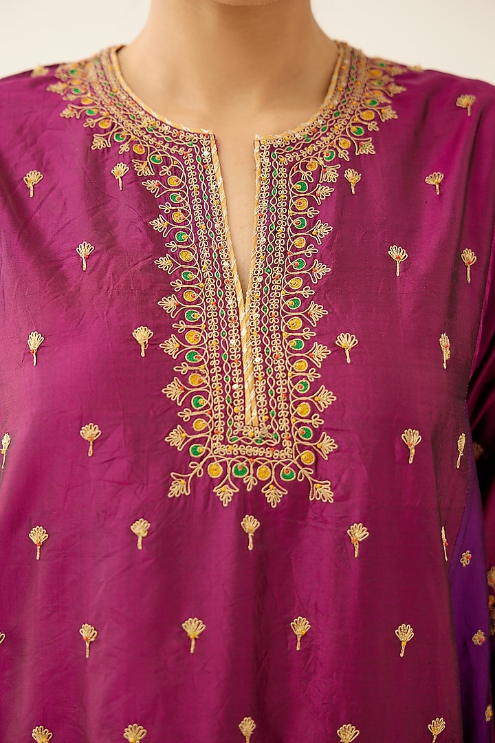 Sangria & Purple Silk Thread Embroidered Kurta Set by Kora at Pernia's Pop Up Shop