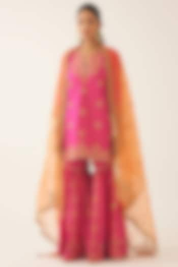 Raspberry Silk Thread Embroidered Kurta Set by Kora at Pernia's Pop Up Shop