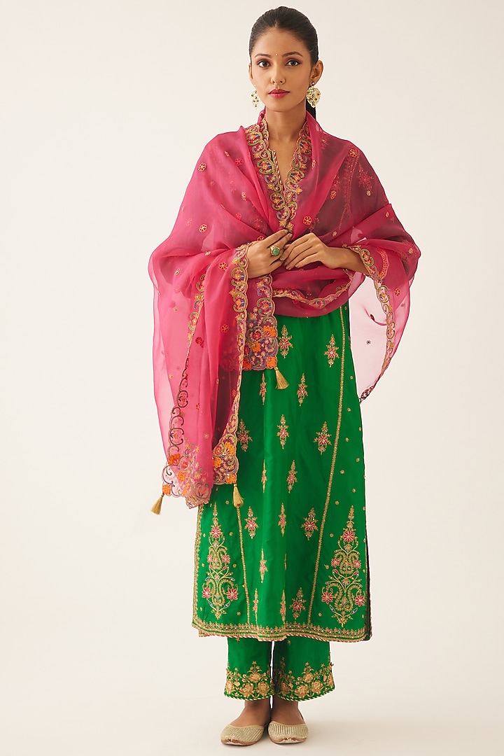 Green Silk Thread Embroidered Kalidar Straight Kurta Set by Kora at Pernia's Pop Up Shop