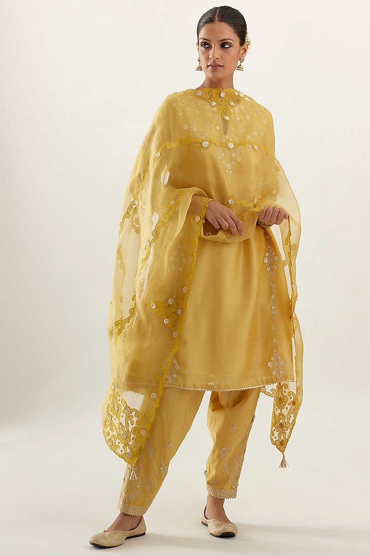 Yellow Silk Chanderi Kurta Set by Kora at Pernia's Pop Up Shop