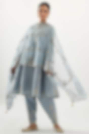 Blue Silk Chanderi Kurta Set by Kora at Pernia's Pop Up Shop