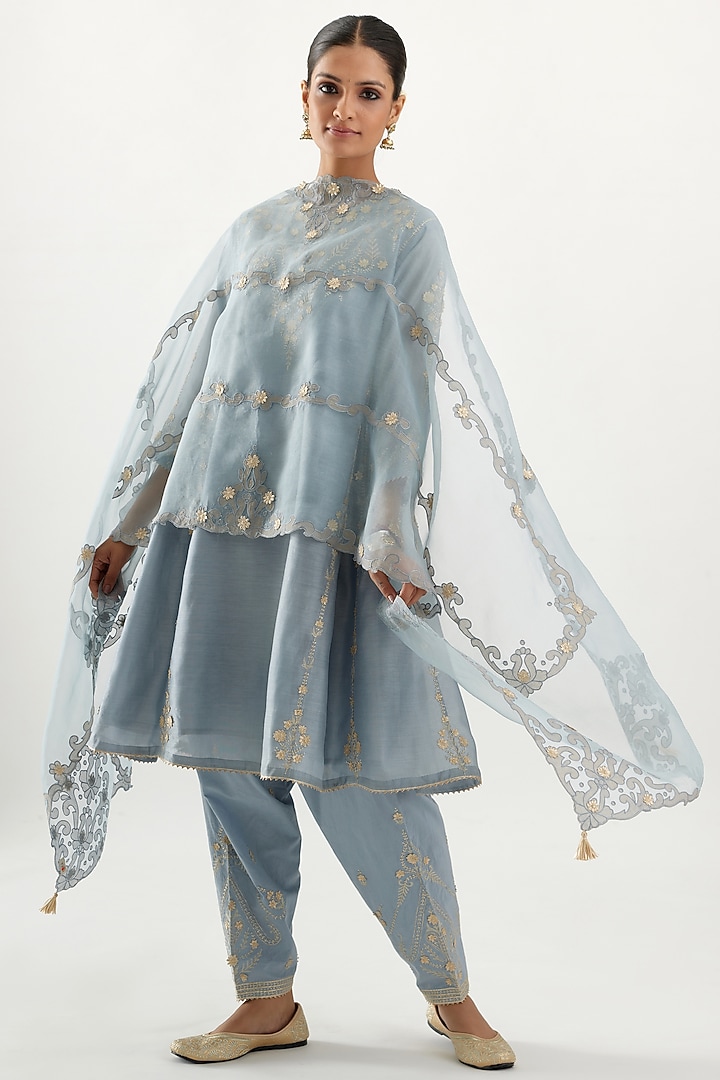 Blue Silk Chanderi Kurta Set by Kora at Pernia's Pop Up Shop