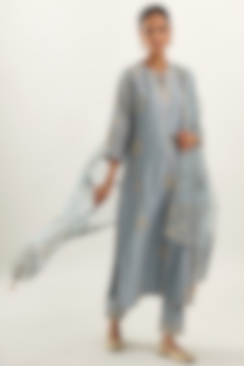 Blue Silk Chanderi Kurta Set by Kora at Pernia's Pop Up Shop